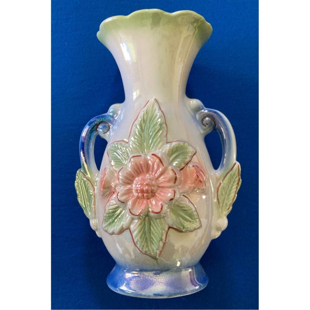 VTG Lusterware Vase Brazil 8.5" Tall Double Handle - Raised Colorful 3D Flowers